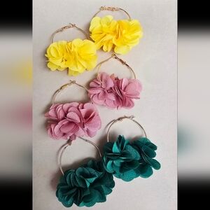 Set of 3 Floral Hoop Earrings Set in Yellow, Pink, and Green